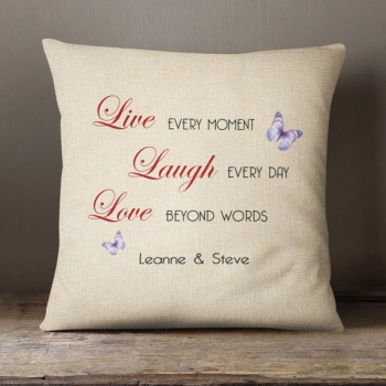 Personalised Cream Chenille Cushion - Live Laugh Love Beyond Words